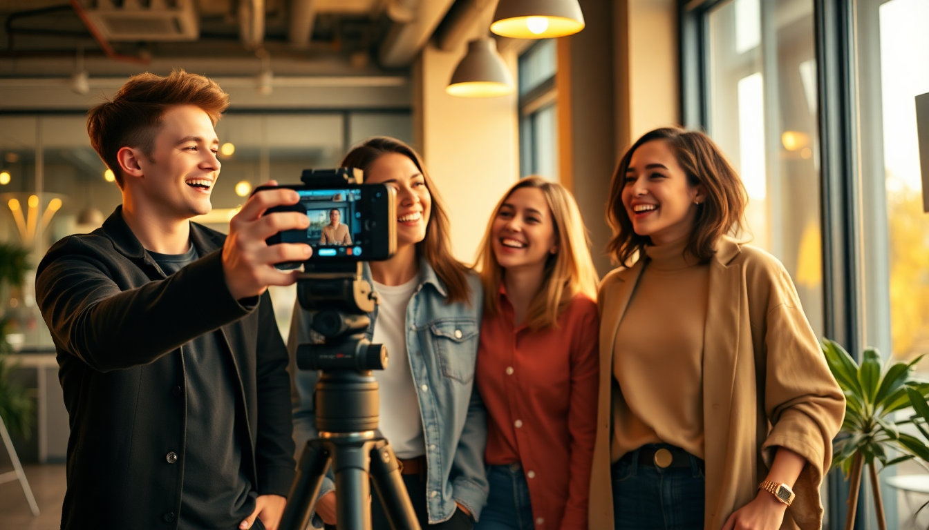 Young team filming social media video together