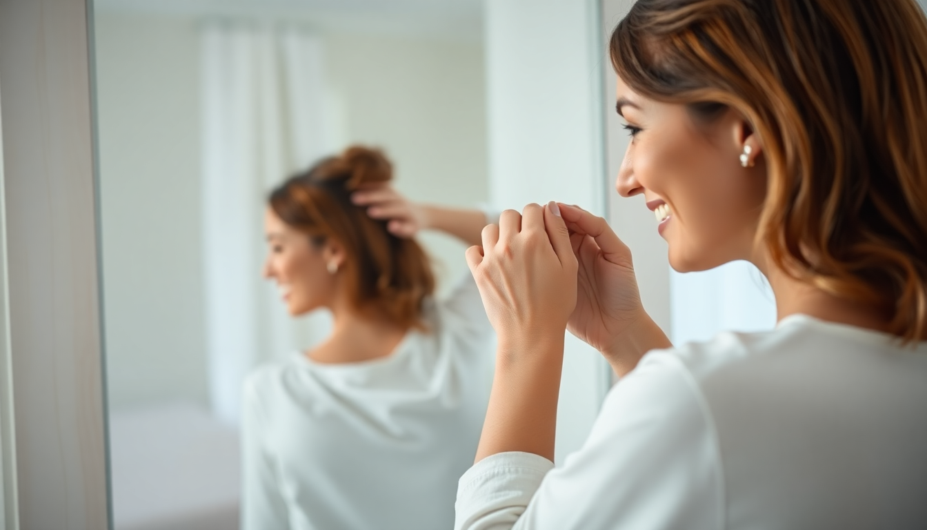 Woman smiling at new hair growth in mirror