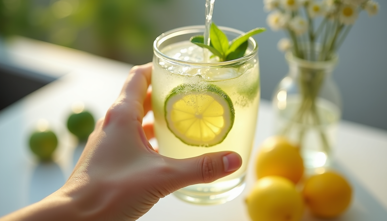 Hand holding water glass with lemon lime slices.