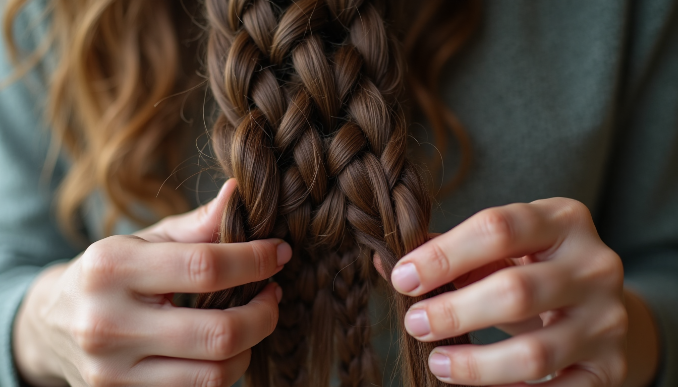 Hands braiding a section of hair.