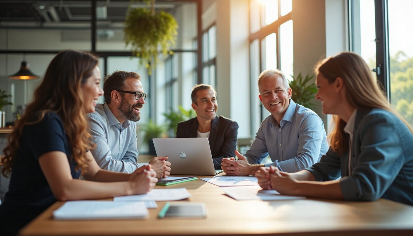 Diverse team collaborates at office table.