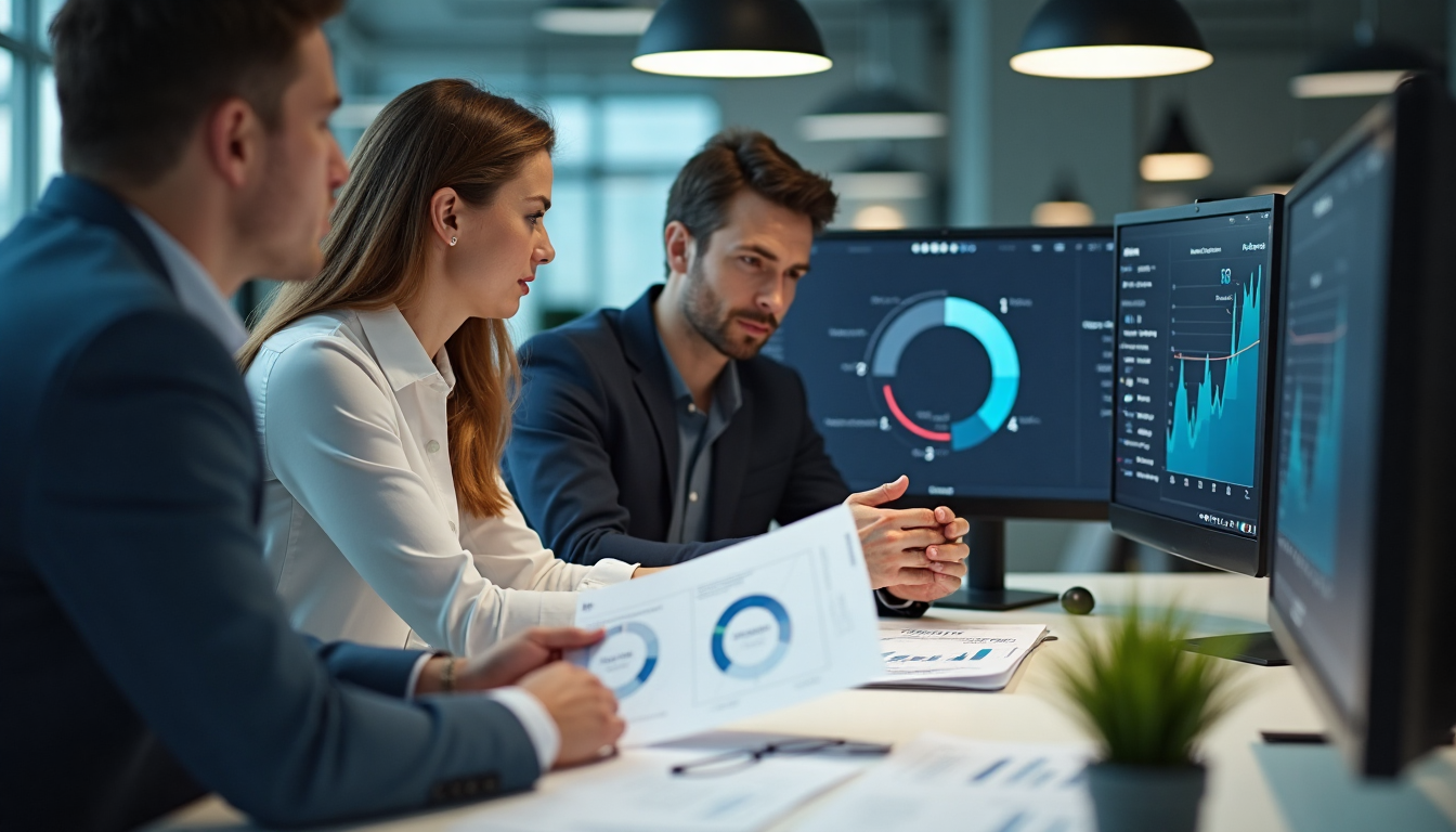 People discussing a business dashboard.