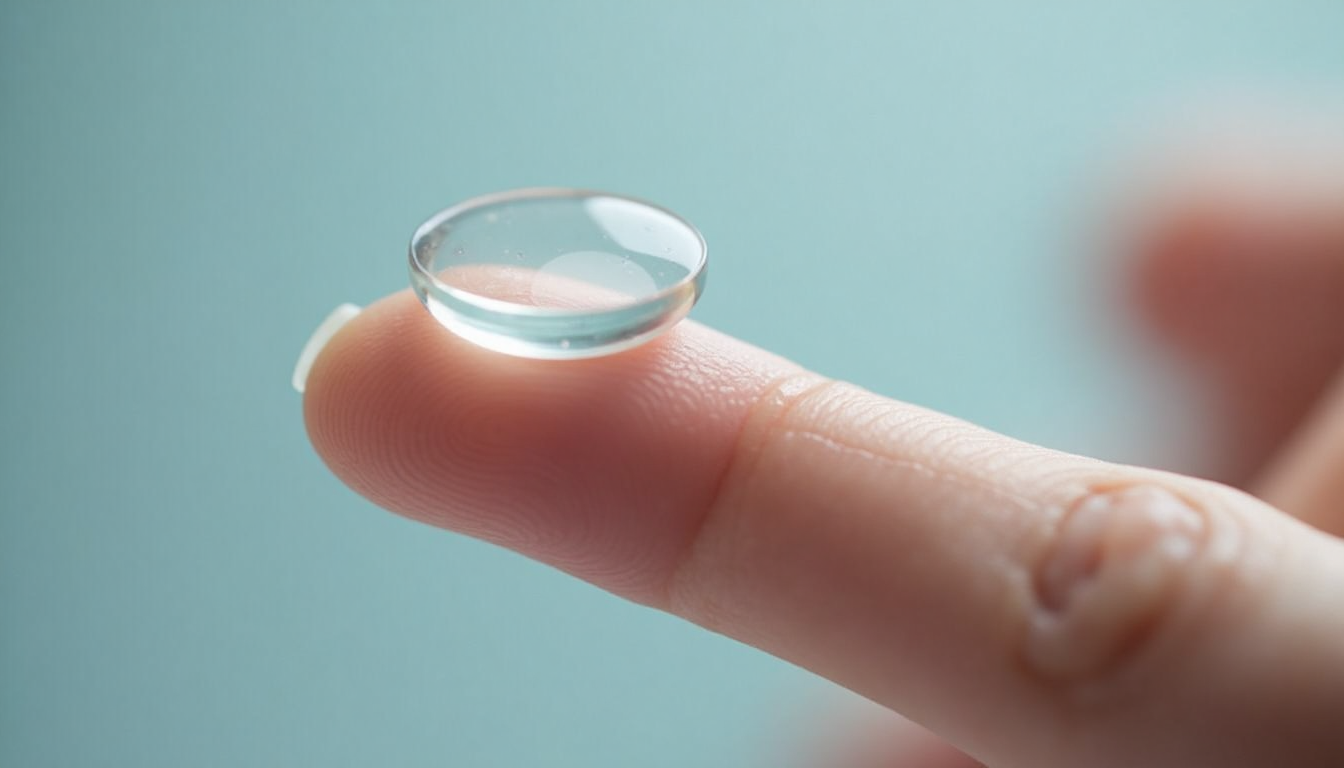 Clear contact lens on fingertip