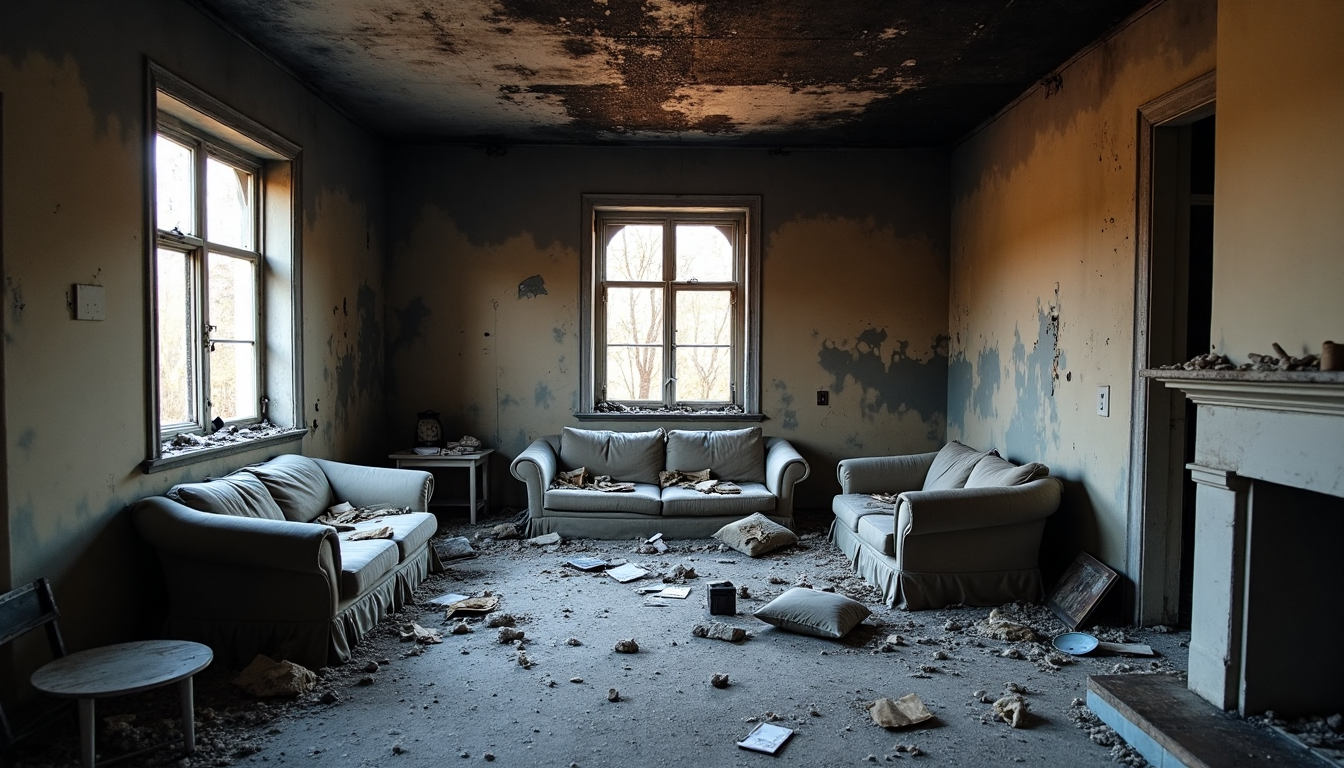 Interior room view with fire and soot damage.