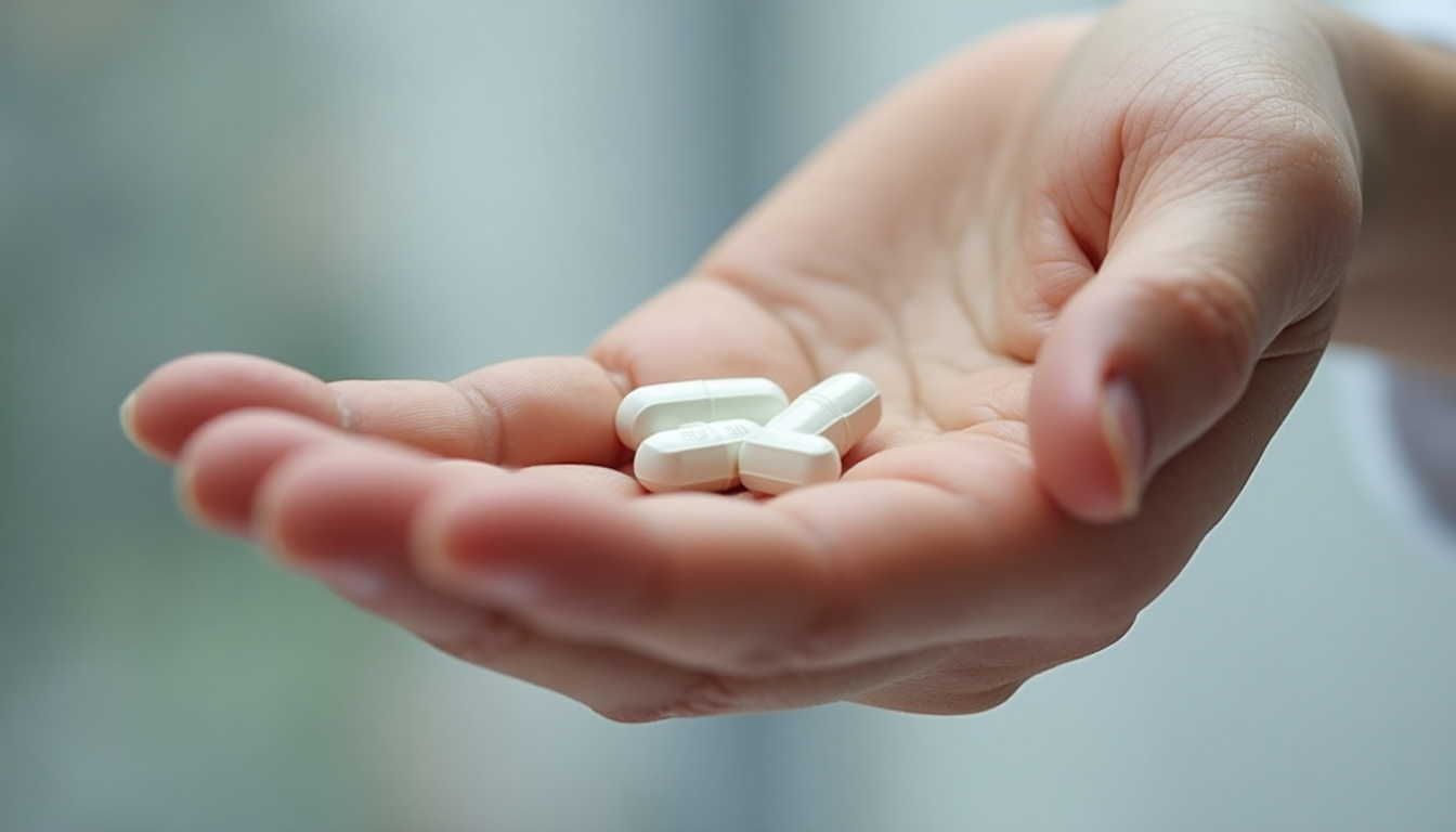 Hand holding a few small medication pills.