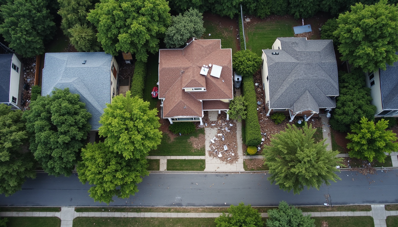 Overhead view of a neighborhood after a storm with visible damage.