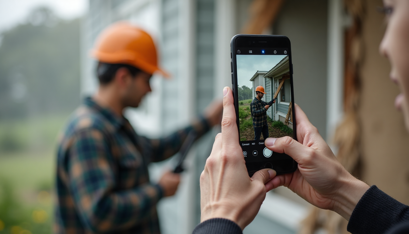 Person using phone to photograph storm damage near professional.