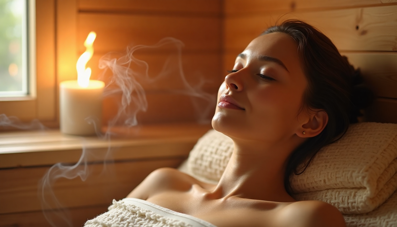 Person with clear skin relaxing in a sauna.
