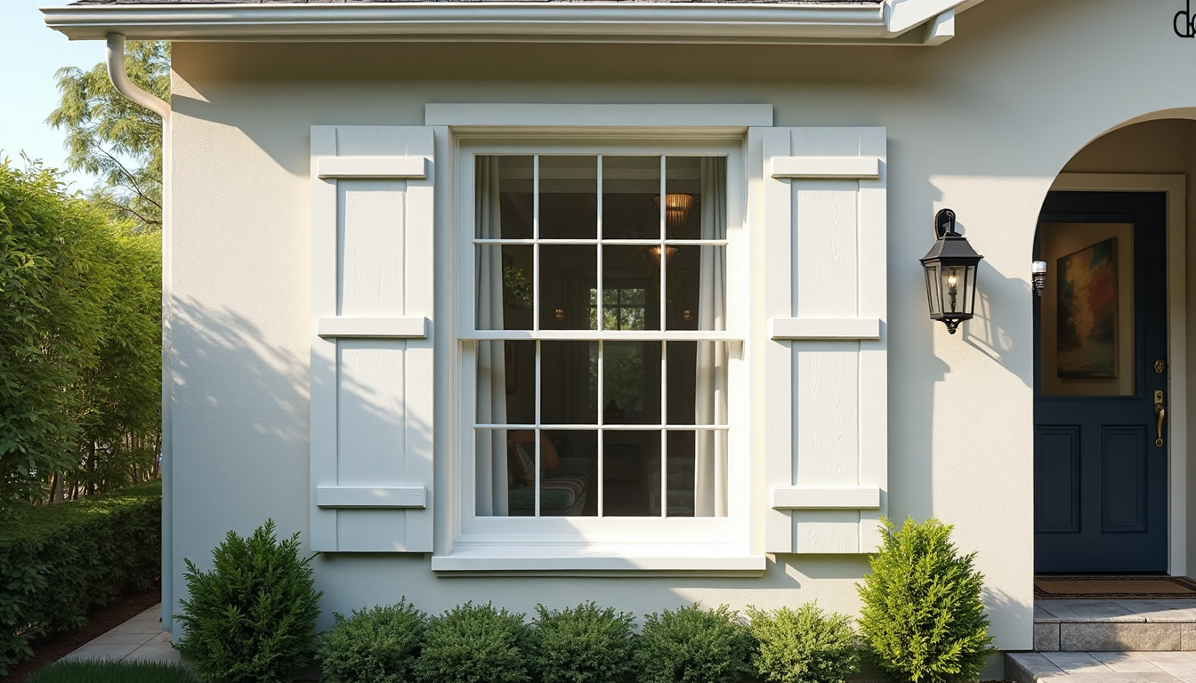 Benefits of Adding Shutters House exterior with white plantation shutters on windows.