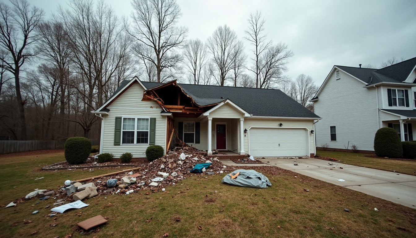 Damaged house after storm in Charlotte NC