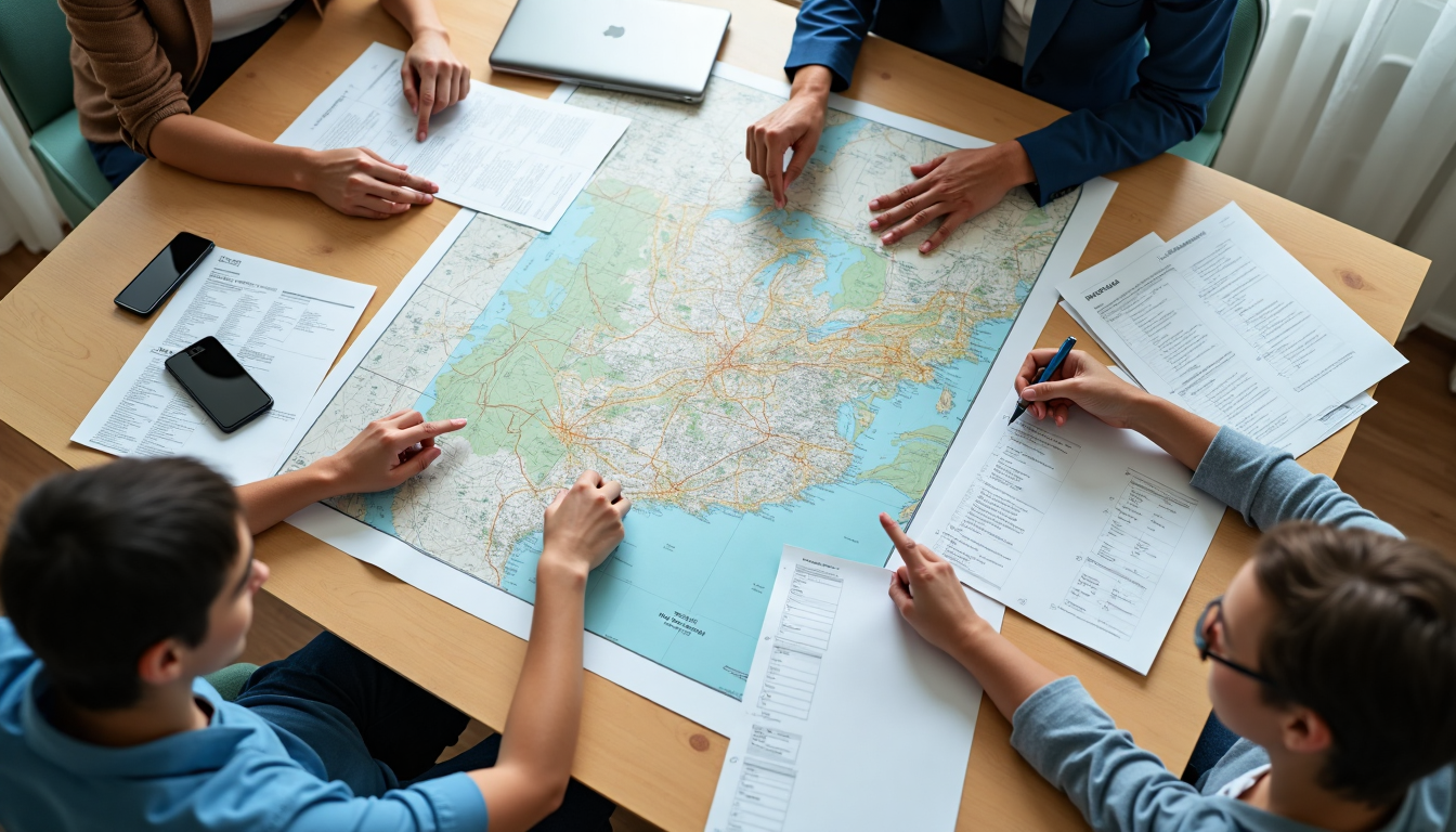 Emergency planners review evacuation maps.