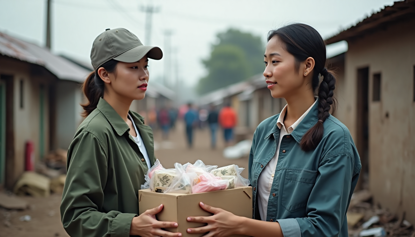 Relief workers helping people after a disaster.