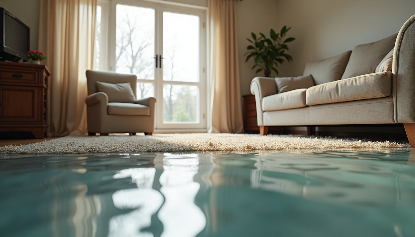Water Damage Insurance Process in Charlotte NC: 2025 Guide 1 Flooded living room with water on the floor.