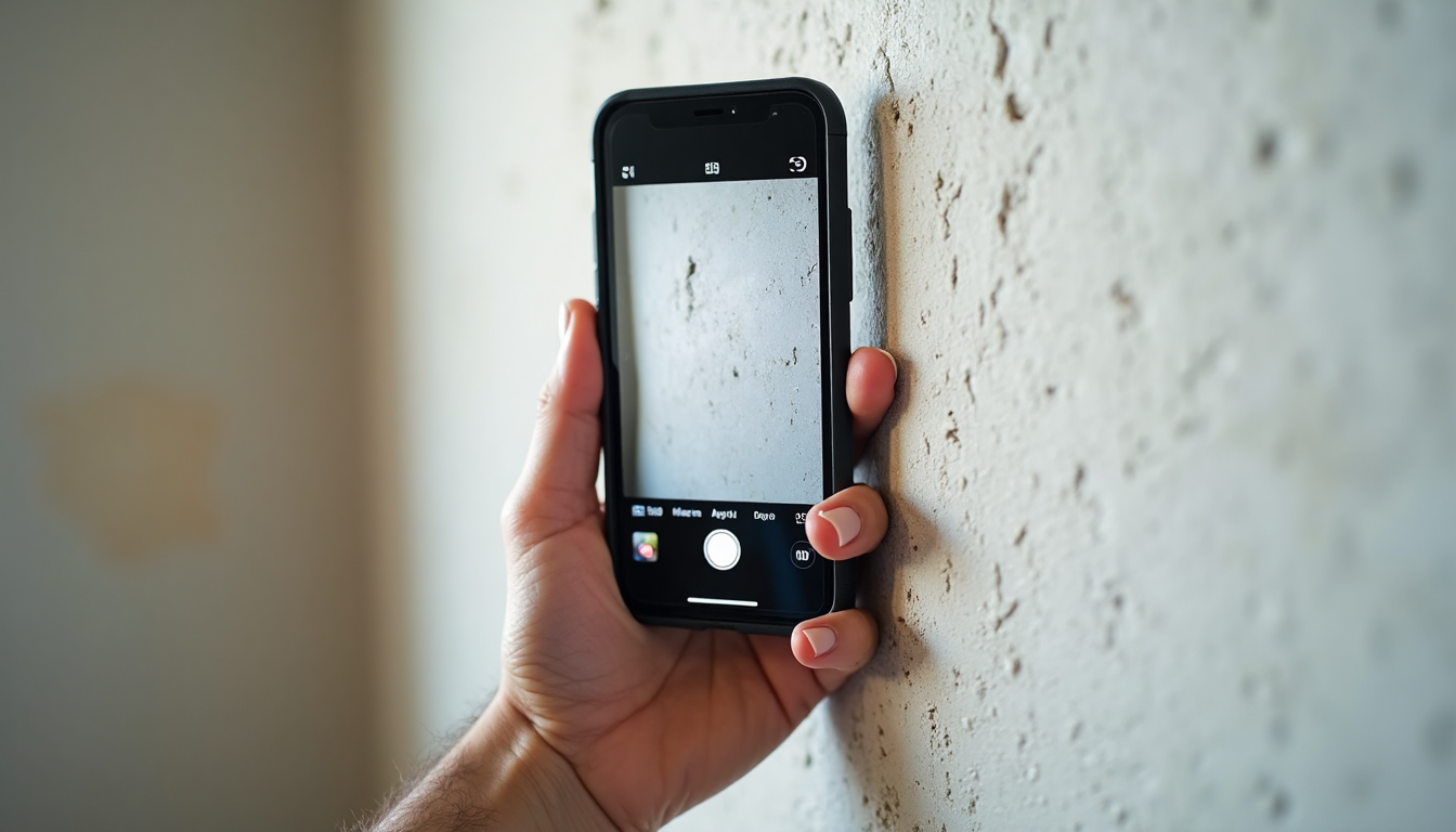 Water Damage Insurance Process in Charlotte NC: 2025 Guide 4 Hand taking photo of water damage on wall.
