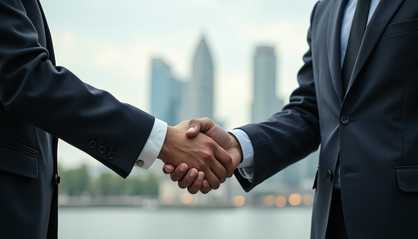 Handshake with Dutch city skyline background