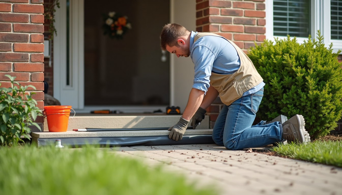 Homeowner installing flood protection barrier at home