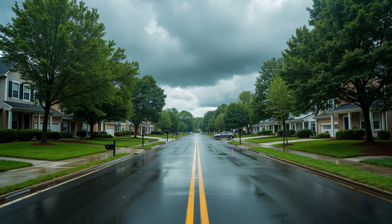 Flooded Charlotte neighborhood with water in street and yards