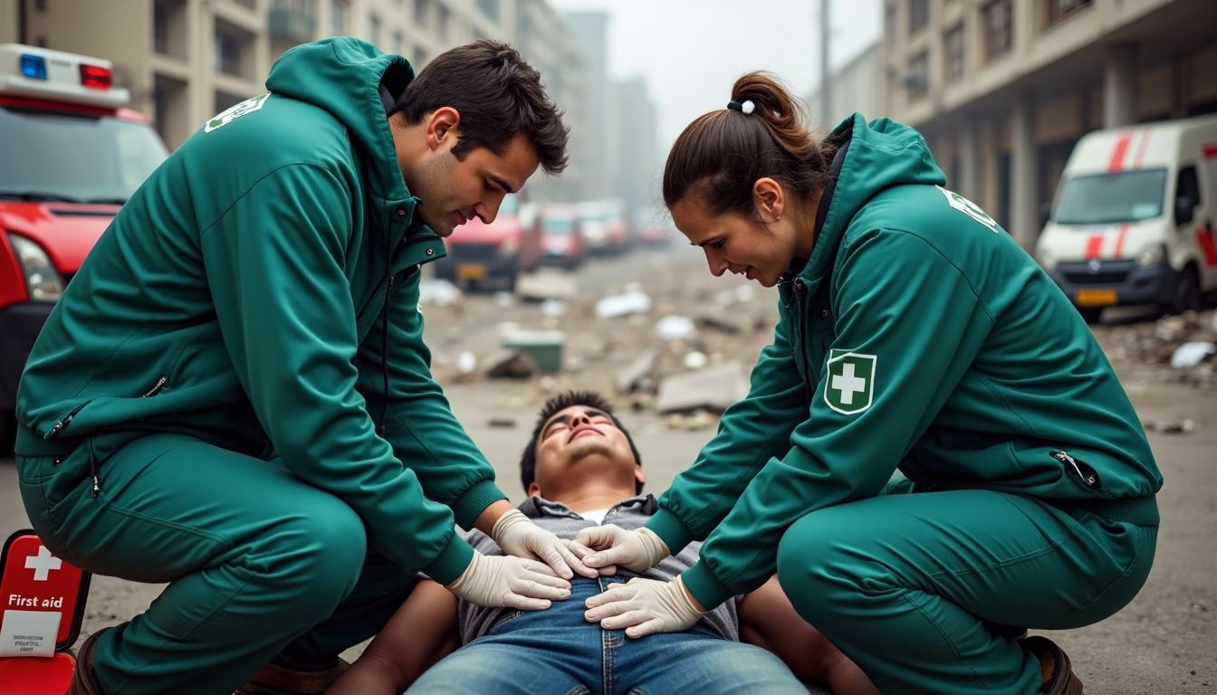 Disaster recovery team administering first aid outdoors