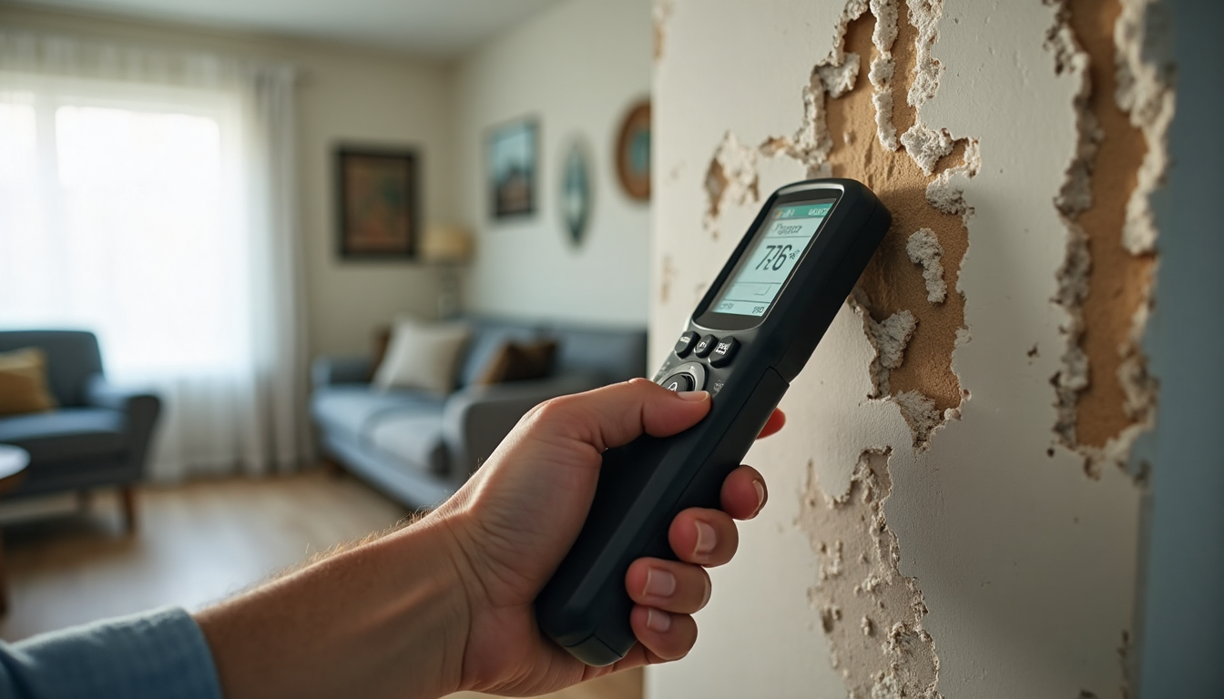 Moisture meter used by technician on damaged wall