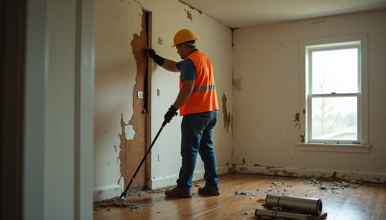 Restoration contractor inspecting storm-damaged home interior