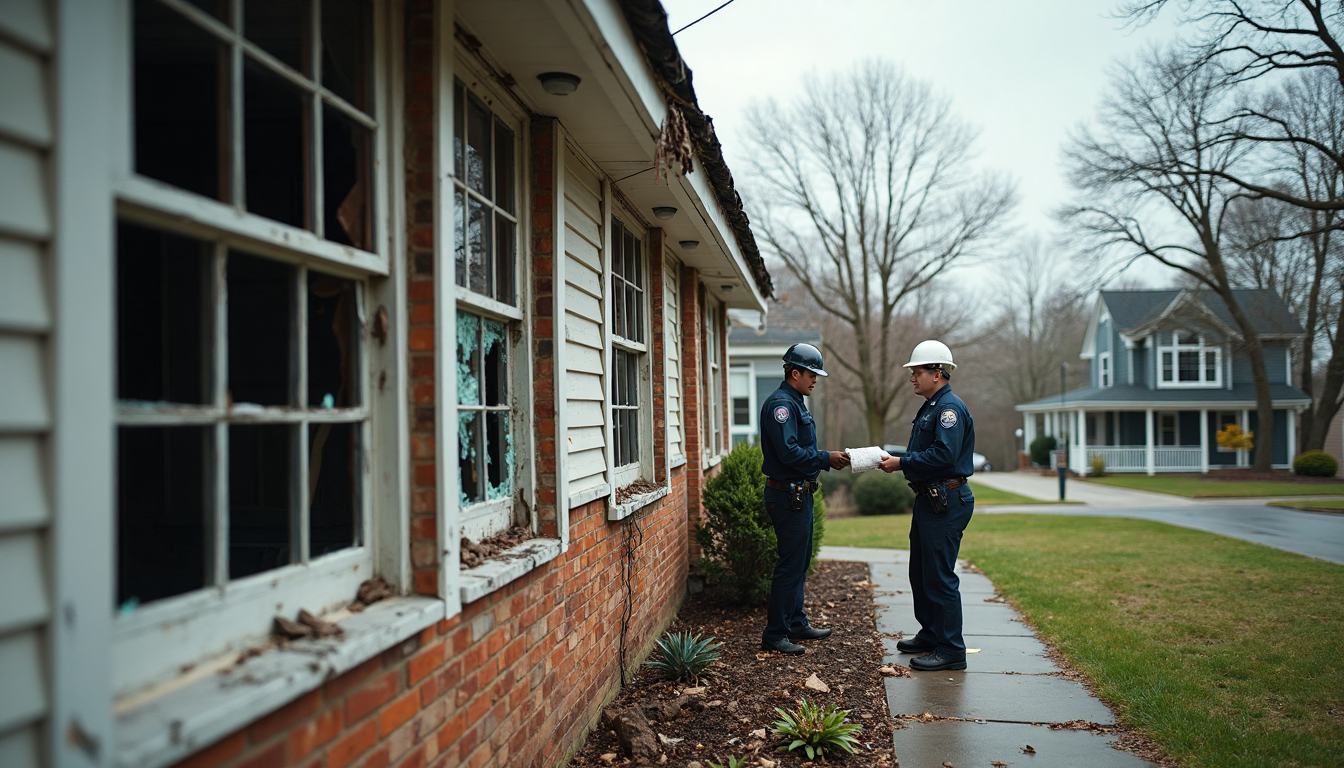 Restoration workers assessing storm damage to Charlotte home