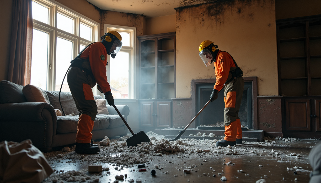 Cleanup crew repairing fire damage inside living room