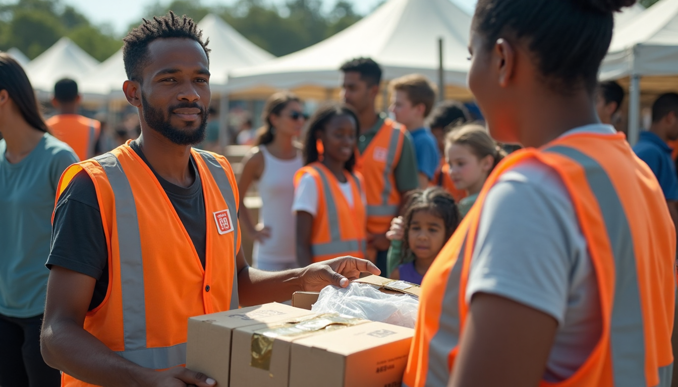 Disaster relief workers assisting survivors at aid center