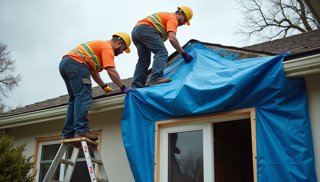 Restoration crew performing emergency stabilization on damaged home