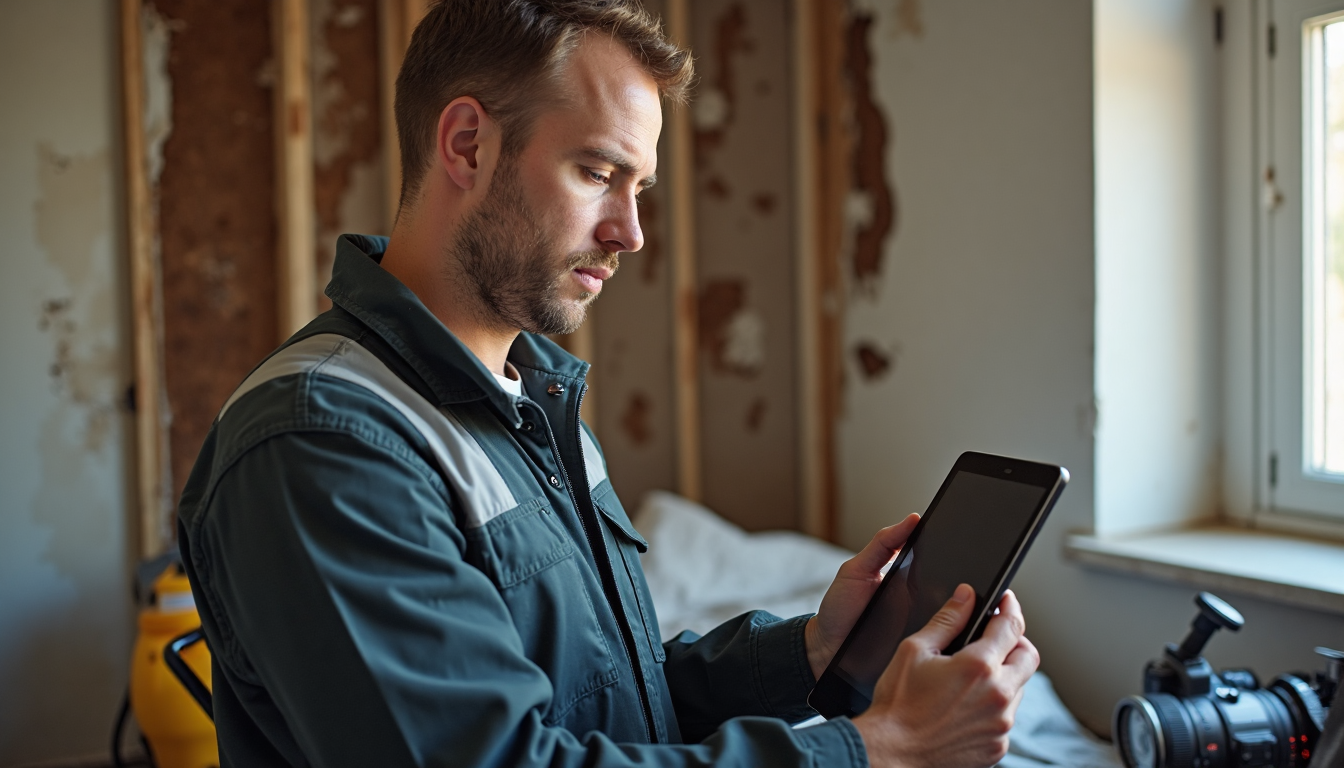 Professional inspecting water damage with tablet