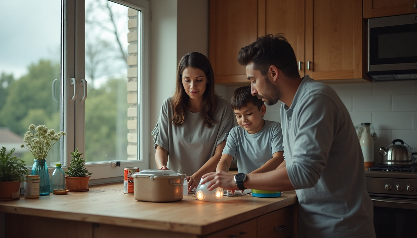 Family preparing home and supplies for a storm