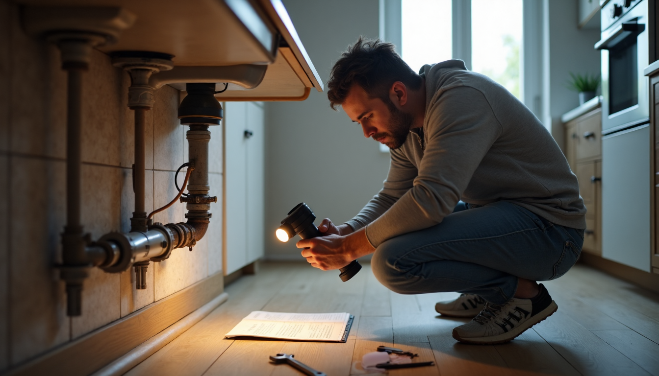 Ultimate Water Damage Prevention Guide for Charlotte Property Owners 2025 3 Homeowner inspecting pipes beneath kitchen sink