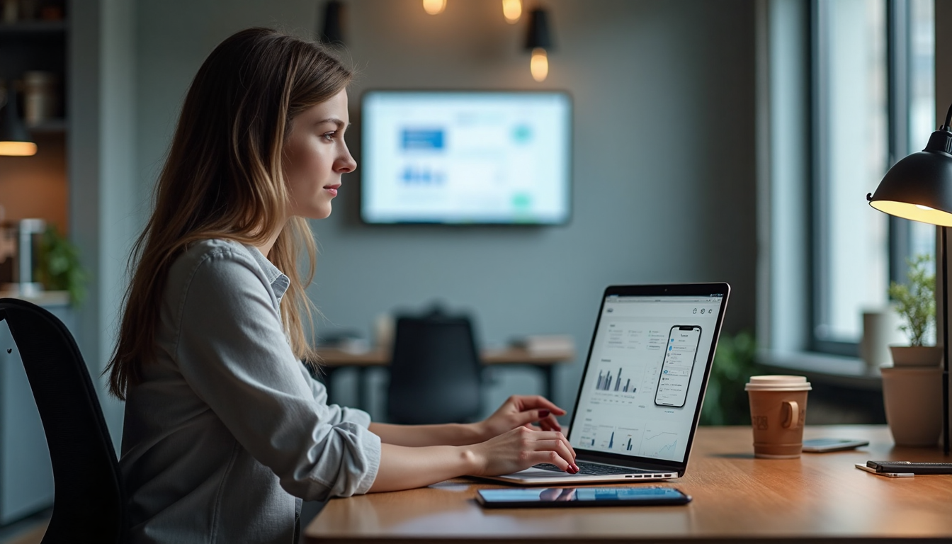 Small business owner with digital marketing dashboards