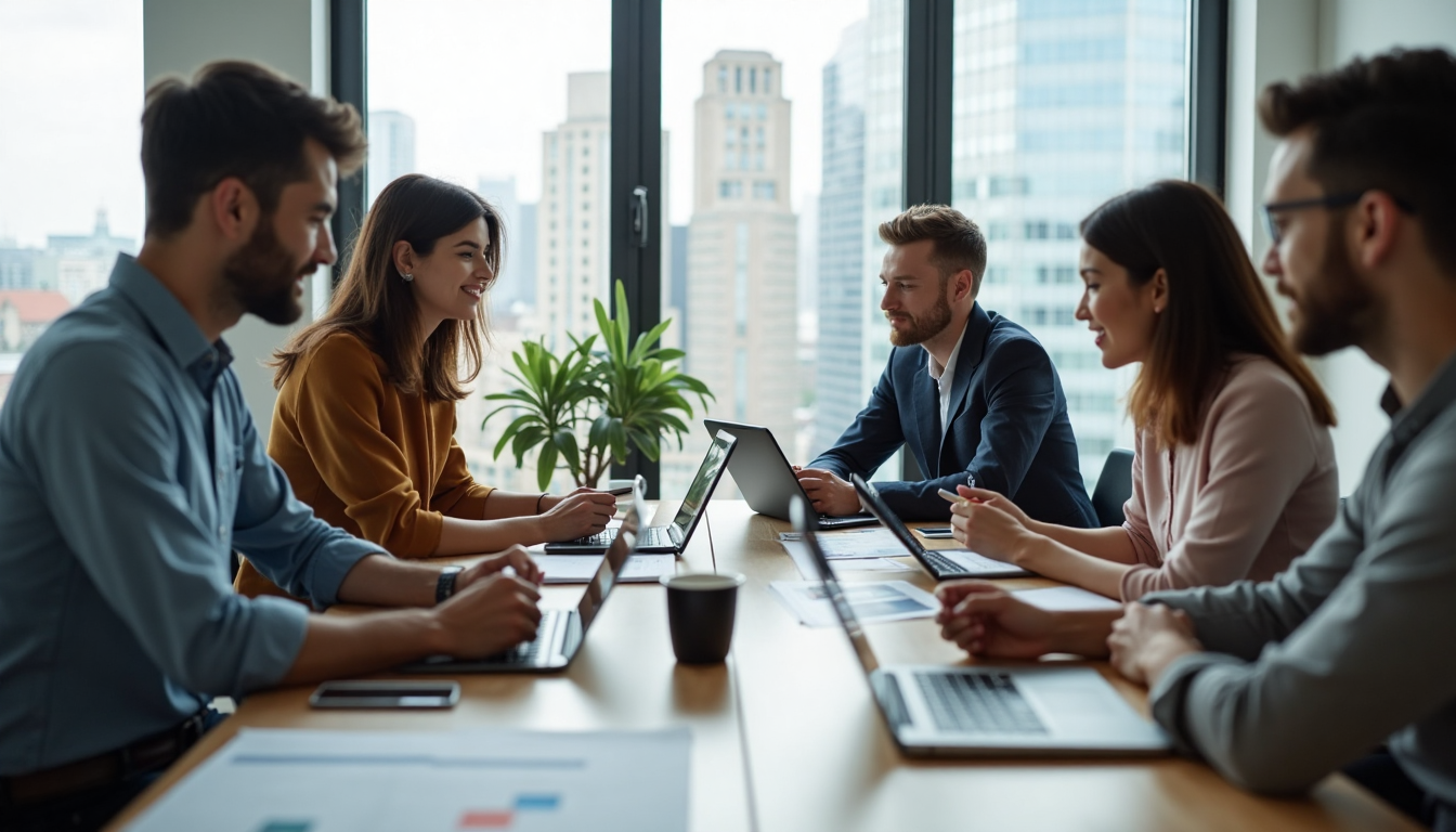 Small business team strategizing in meeting room