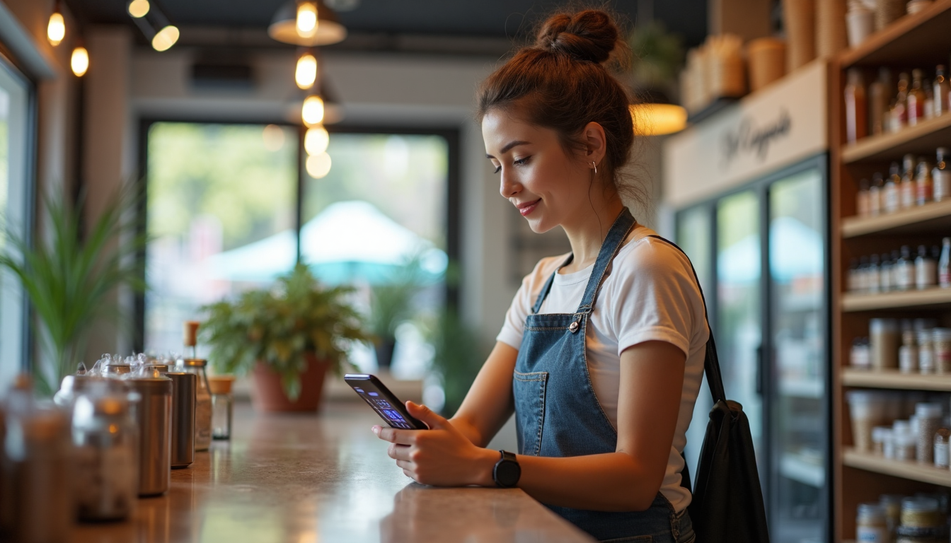 Small business owner using social media in shop