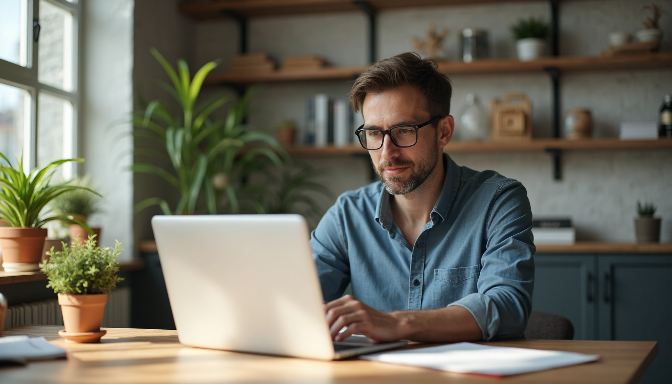 Small business owner at laptop in sunny office