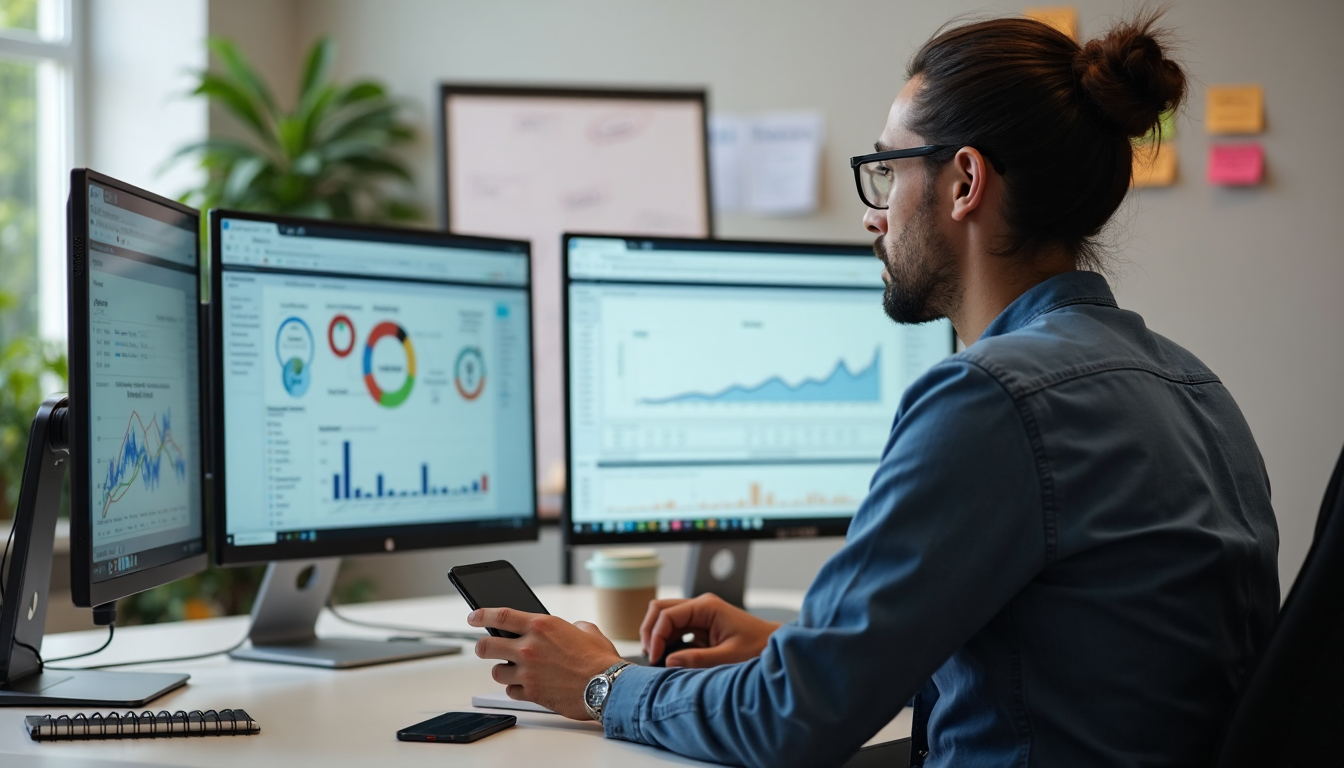 Digital marketer reviewing data on computer screens