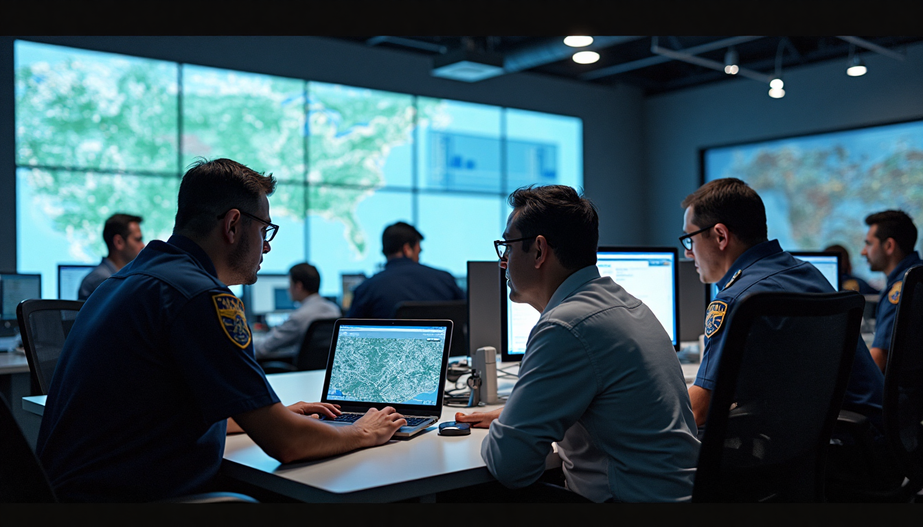 Multi-agency team coordinating disaster response using technology