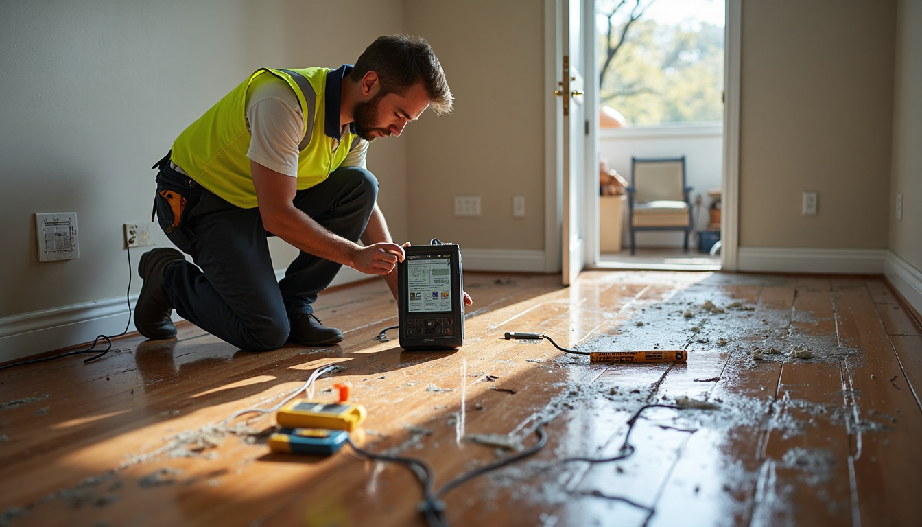 Hurricane Damage Repair in Charlotte, NC: 2025 Guide for Property Owners 3 Worker using moisture detector for water damage repair