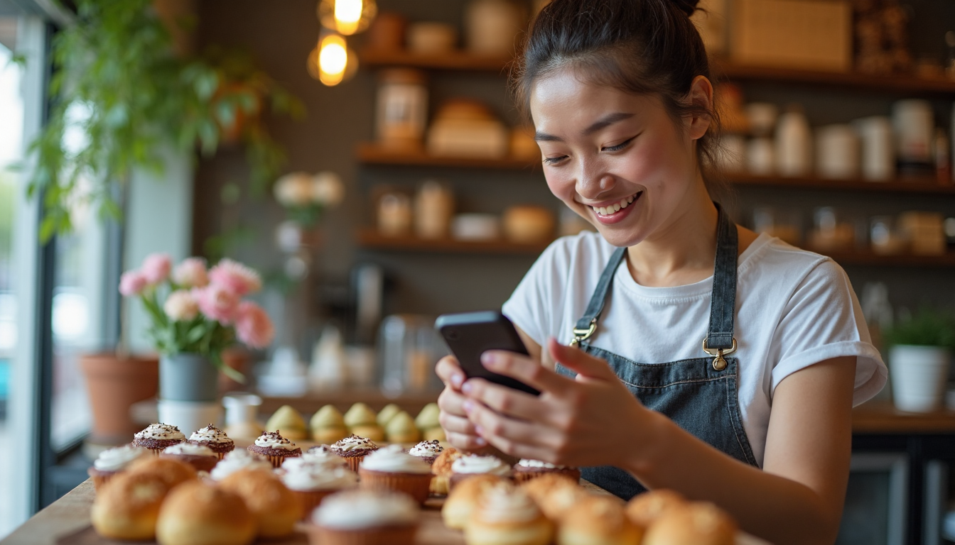 Cafe owner photographing products for social media