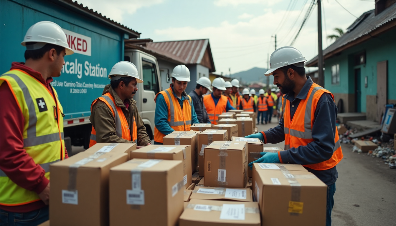 Aid workers distribute food and supplies