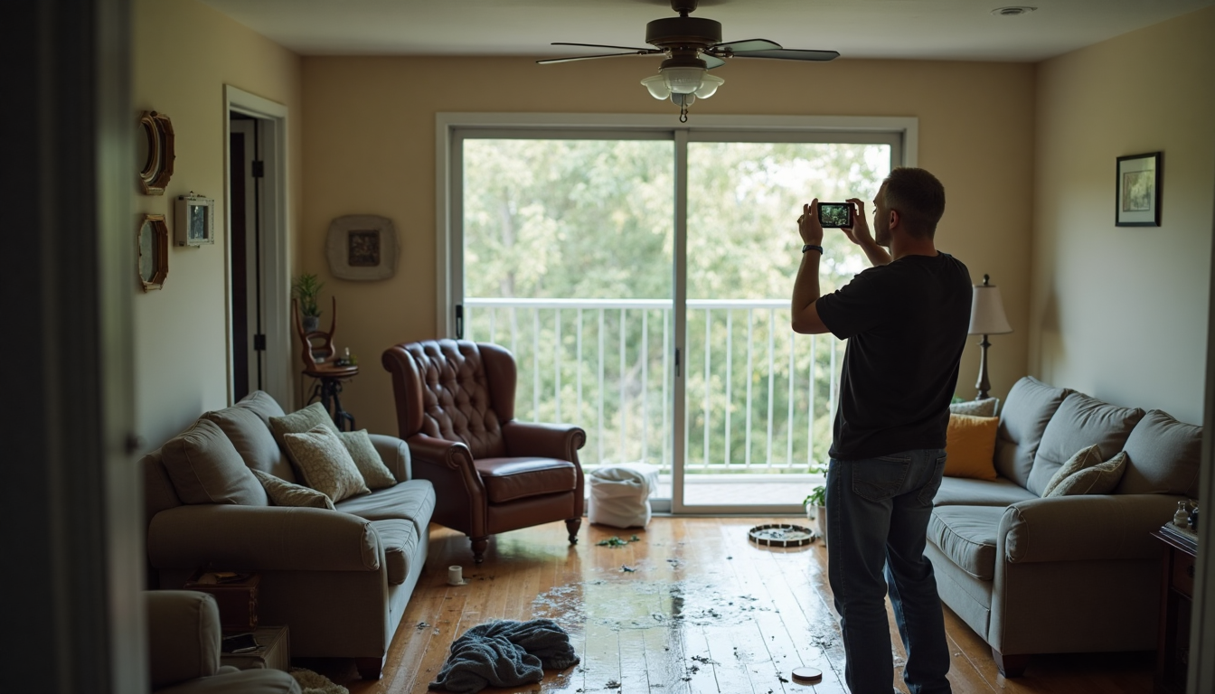 Homeowner documenting interior storm damage in house