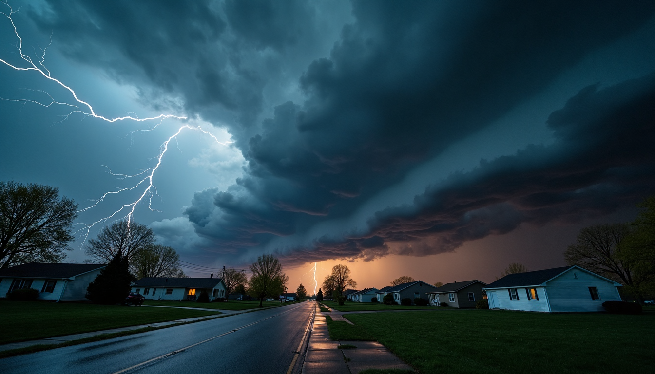 Dark storm clouds over small town at dusk