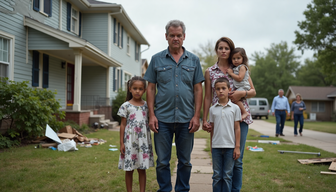 Family looking at storm-damaged home