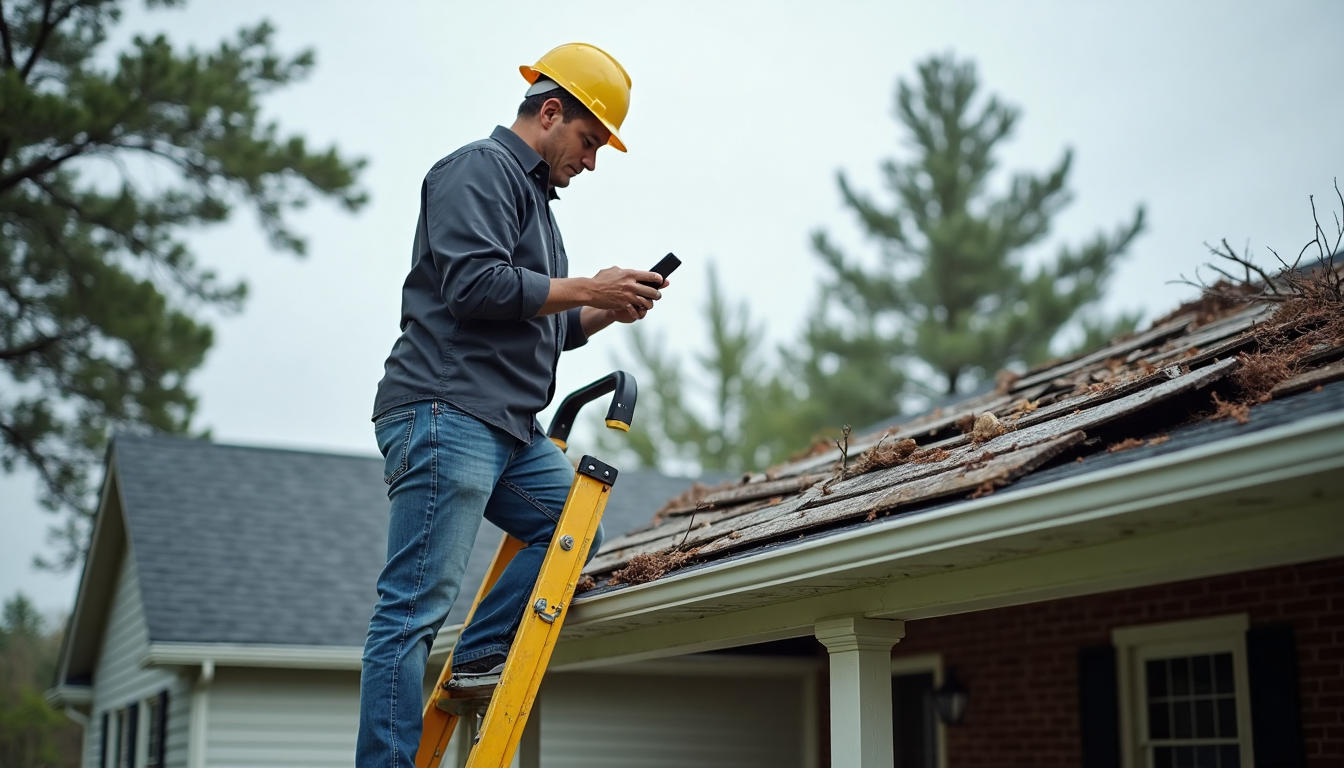 Homeowner taking photos of storm-damaged roof