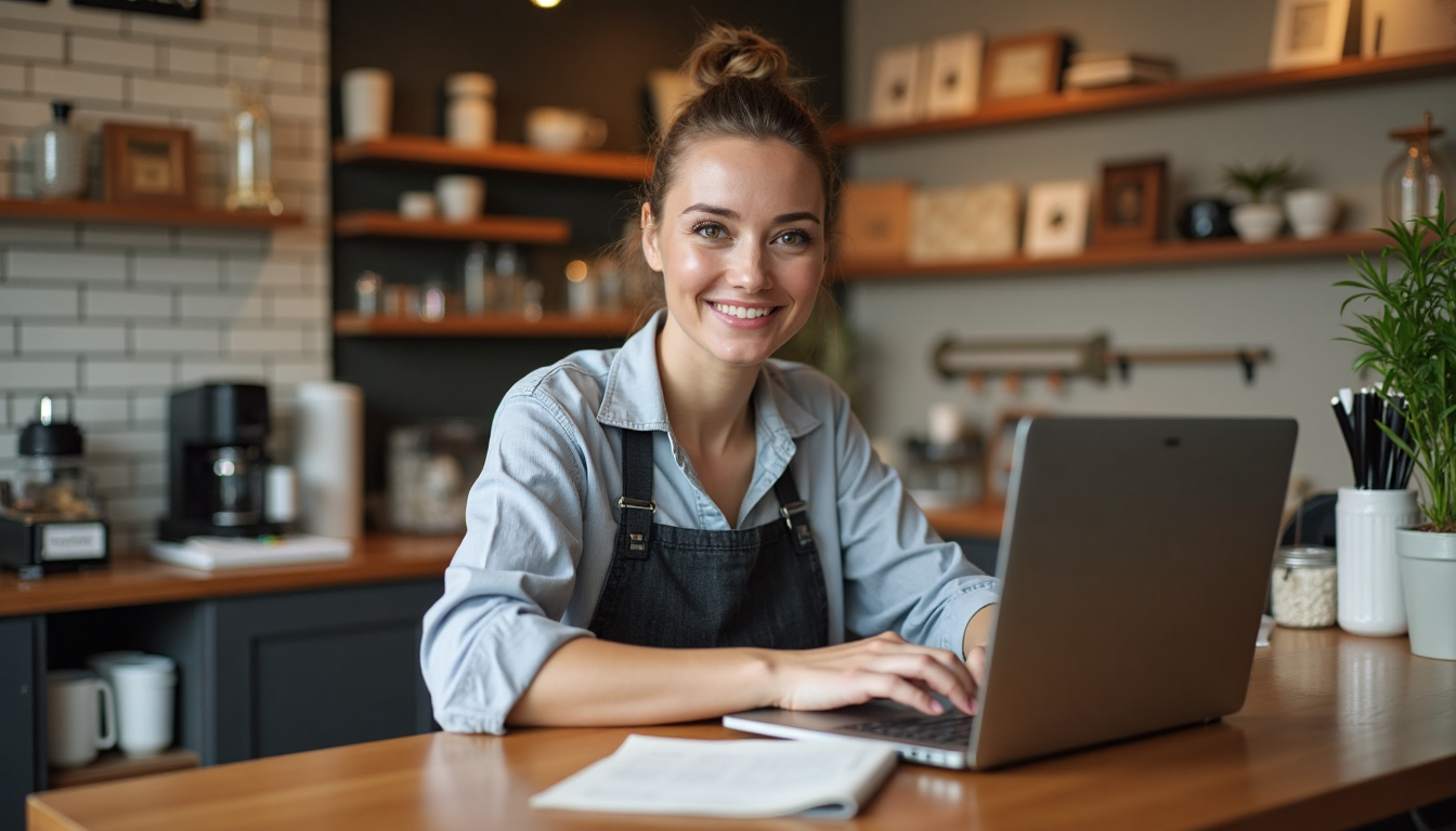 Local business owner at shop using laptop