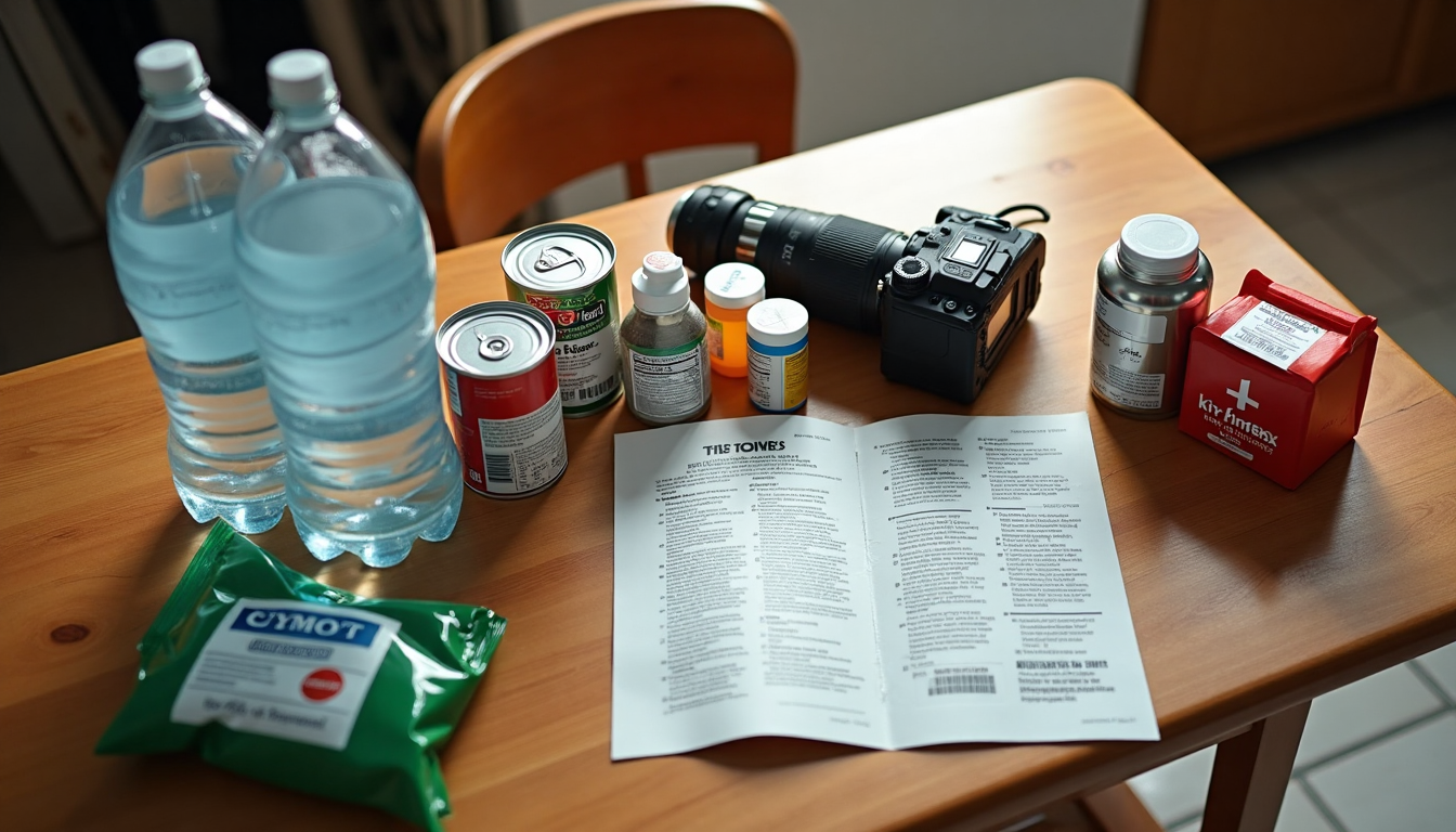 Essential flood emergency kit on kitchen table