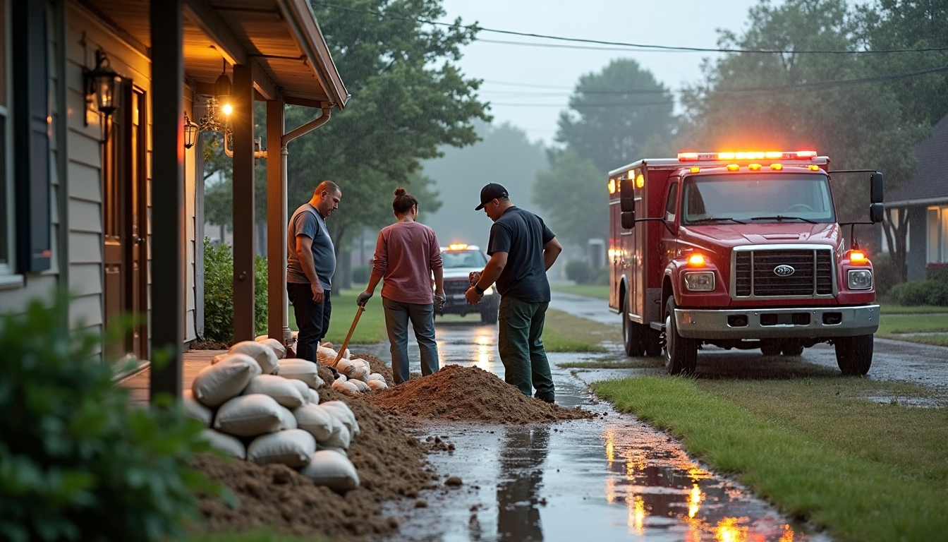Family and responders stacking sandbags at home