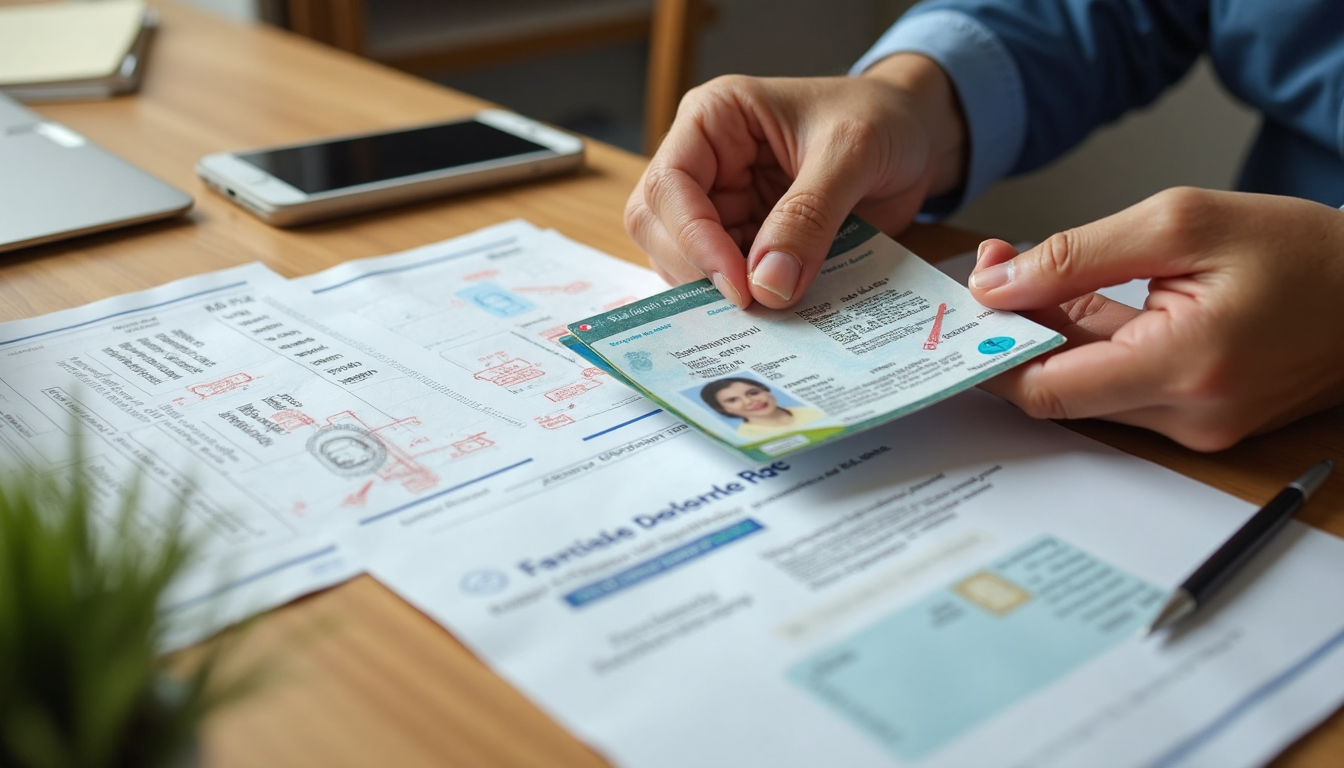 Hands organizing replacement ID cards and papers