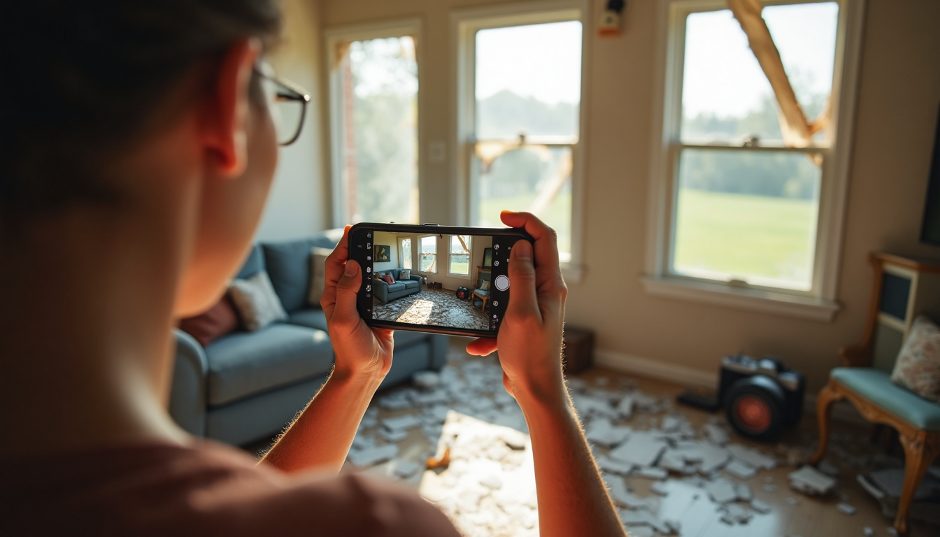 Documenting Storm Damage in Charlotte, NC: 2025 Guide for Property Owners 3 Homeowner photographing water and wind damage for documentation