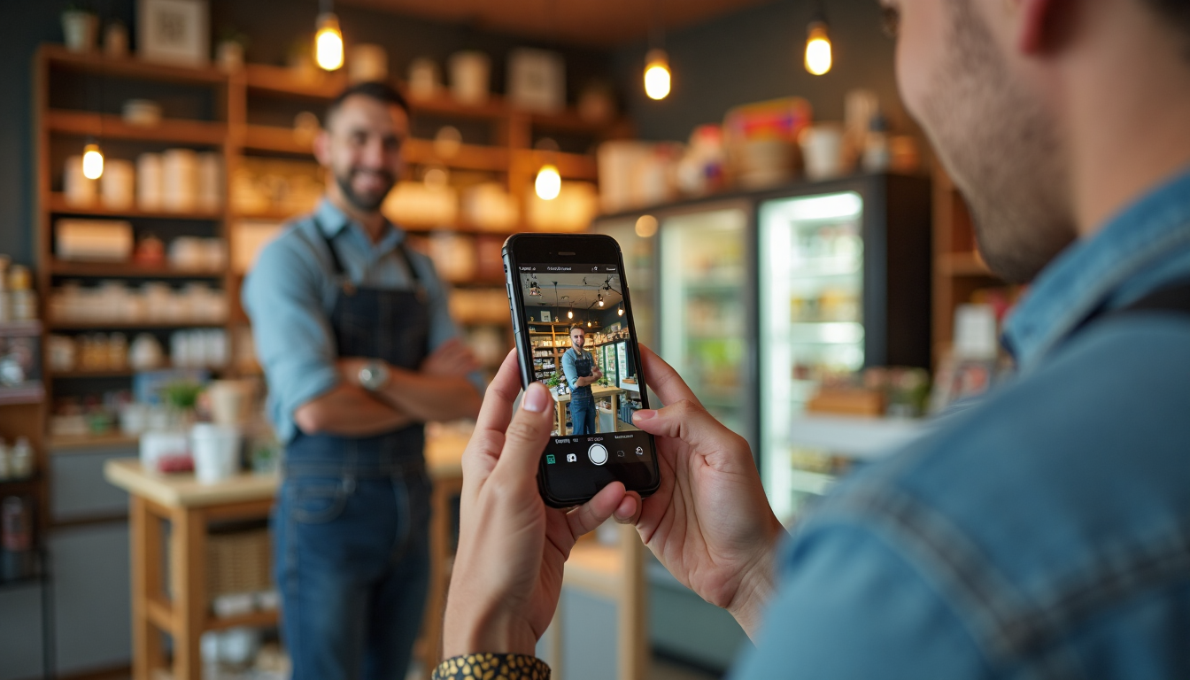 Business owner filming video in shop for social media